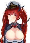  1girl azur_lane black_ribbon blush breasts chains closed_mouth eyebrows_visible_through_hair fu_soulwave hair_ribbon hat highres honolulu_(azur_lane) large_breasts long_hair peaked_cap red_eyes redhead ribbon simple_background solo sweatdrop upper_body white_background 