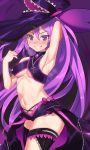  1girl absurdres aisha_(elsword) arm_up armpits bow breasts cowboy_shot cross cross_necklace elsword fingernails grin hat highres jewelry long_hair looking_at_viewer medium_breasts midriff nail_polish navel necklace nt00 oz_sorcerer_(elsword) pink_bow purple purple_background purple_hair purple_hat purple_nails smile solo sweat thigh-highs under_boob violet_eyes witch_hat 