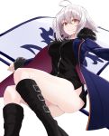 1girl ahoge ass bangs black_footwear black_vest boots bottomless breasts coat eyebrows_visible_through_hair fate/grand_order fate_(series) feet_out_of_frame flag fur_trim highres holding jeanne_d&#039;arc_(alter)_(fate) jeanne_d&#039;arc_(fate)_(all) jewelry large_breasts long_sleeves looking_at_viewer looking_down_at_viewer necklace no_panties no_pants orange_eyes outstretched_arms parted_lips short_hair shunichi silver_hair simple_background smile solo spread_arms vest white_background