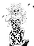 1girl :d ashido_mina bare_arms bare_shoulders black_sclera boku_no_hero_academia bra breasts buttons cleavage cowboy_shot double_v fangs fur_collar greyscale hands_up hips horns knees_together_feet_apart koutamii looking_at_viewer monochrome open_clothes open_mouth open_vest short_hair smile solo standing standing_on_one_leg strapless strapless_bra underwear unitard v vest 