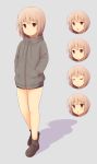  1girl :o ankle_boots bangs bare_legs black_coat black_footwear boots brown_eyes closed_mouth drawstring expressions eyebrows_visible_through_hair frown full_body grey_background hands_in_pockets highres long_sleeves looking_at_viewer natsu_(927013) no_socks open_mouth original pink_hair shadow short_hair simple_background smug standing tareme v-shaped_eyebrows zipper 
