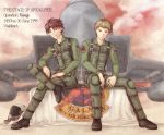  2boys a-chako ace_combat ace_combat_zero aircraft airplane blonde_hair brown_eyes brown_hair cipher_(ace_combat) clouds cloudy_sky f-15_eagle fighter_jet flag galm_team helmet jet larry_foulke legs_crossed military military_uniform military_vehicle multiple_boys pilot pilot_helmet pilot_suit red_eyes red_sky short_hair sitting sky smile smug uniform 