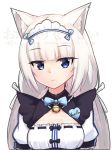  1girl animal_ears artist_name bangs bell blue_eyes blue_neckwear blunt_bangs bow bowtie cat_ears cleavage_cutout commentary eyebrows_visible_through_hair hair_ribbon jingle_bell kaafi light_smile long_hair looking_at_viewer low_twintails maid maid_headdress name_tag nekopara puffy_short_sleeves puffy_sleeves ribbon short_sleeves simple_background slit_pupils solo twintails upper_body vanilla_(sayori) watermark white_background white_hair 