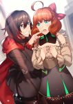  2girls ahoge bow cape commentary_request eyebrows_visible_through_hair green_eyes grin hair_bow multiple_girls orange_hair penny_polendina ruby_rose rwby slee smile touching 