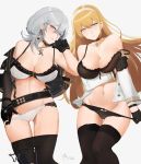  2girls 3: azur_lane bare_shoulders black_bra black_gloves black_legwear black_panties blonde_hair blue_eyes blush bra breasts character_request choker collarbone cross cross_necklace earrings gloves groin hair_between_eyes hairband highres jewelry large_breasts long_hair looking_at_viewer looking_down_at_veiwer mole mole_on_breast multiple_girls navel necklace north_carolina_(azur_lane) panties panty_pull pantyhose pantyhose_pull silver_hair thigh-highs underwear white_bra white_panties yueguang_zhanglang 