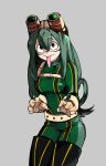  1girl asui_tsuyu black_eyes bodysuit boku_no_hero_academia eyebrows_visible_through_hair frog_girl gloves green_hair hair_between_eyes long_hair long_tongue solo tongue tongue_out 