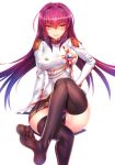  1girl ass black_legwear black_panties breasts epaulettes fate/extella fate/extra fate/grand_order fate_(series) gloves highres legs_crossed long_hair looking_at_viewer panties parted_lips pleated_skirt purple_hair scathach_(fate/grand_order) silly_(marinkomoe) sitting skirt smile solo thigh-highs underwear violet_eyes white_gloves 