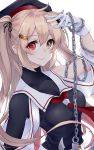  1girl aoyashio_rin black_serafuku brown_eyes chains gradient_hair hair_flaps heterochromia highres kantai_collection light_brown_hair long_hair multicolored_hair murasame_(kantai_collection) neck_ribbon red_eyes red_ribbon remodel_(kantai_collection) ribbon sailor_collar school_uniform serafuku solo two_side_up upper_body white_sailor_collar 