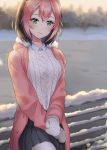  1girl coat green_eyes hood hoodie mittens multicolored_hair osu! outdoors pippi skirt smile snow sunako_(veera) sweater winter 