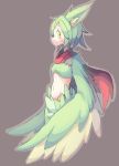  1girl 4139 animal_ears blush breasts feathered_wings feathers green_feathers green_hair harpy highres looking_to_the_side midriff monster_girl original scarf small_breasts solo winged_arms wings yellow_eyes yellow_feathers 