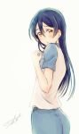  1girl absurdres bangs blue_hair blue_pajamas blush commentary_request from_side hair_between_eyes highres long_hair looking_at_viewer love_live! love_live!_school_idol_project pajamas pout signature simple_background solo sonoda_umi suito white_background yellow_eyes 