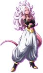  1girl alternate_form android_21 bandai_namco black_nails black_sclera detached_sleeves dragon_ball dragon_ball_fighterz full_body harem_pants high_heels lavender_hair looking_at_viewer majin_android_21 messy_hair monster_girl nail_polish navel official_art pants pink_skin pointing pointing_at_viewer pointy_ears red_eyes smile solo stomach tail transparent_background 