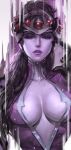 1girl black_hair bodysuit breasts cleavage headgear highres jang_ju_hyeon long_hair looking_at_viewer open_clothes overwatch parted_lips standing widowmaker_(overwatch) 