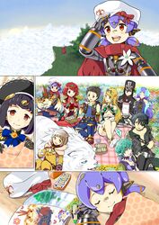  2boys 4koma 6+girls absurdres android animal animal_ears ao_hito armor bangs black_hair blonde_hair blue_eyes blunt_bangs blush bodysuit breasts brown_hair byakko_(xenoblade) cape cat_ears cleavage closed_eyes collarbone comic curly_hair dress eyebrows eyepatch field fingerless_gloves fire glasses gloves goggles hair_ornament hana_(xenoblade) hat highres hood jacket jewelry kagutsuchi_(xenoblade) large_breasts long_hair looking_at_viewer maid meleph_(xenoblade) military military_hat military_uniform multiple_girls mythra_(xenoblade) niyah nopon opaque_glasses open_mouth overalls pauldrons pointy_ears pyra_(xenoblade) red_eyes redhead reverse_trap rex_(xenoblade_2) robot saika_(xenoblade) short_hair sieg_b_goku_genbu silver_hair smile tiara tiger tora_(xenoblade) uniform white_background white_gloves white_tiger xenoblade xenoblade_2 yellow_eyes 