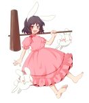  1girl :d absurdres animal animal_ears bangs bare_arms bare_legs barefoot black_hair blush bunny_tail choker dress eyebrows eyebrows_visible_through_hair fingernails frilled_dress frilled_sleeves frills full_body highres holding holding_mallet inaba_tewi kuromiya_yurin looking_away looking_to_the_side mallet open_mouth pink_dress puffy_short_sleeves puffy_sleeves rabbit rabbit_ears red_choker red_eyes red_ribbon ribbon ribbon-trimmed_clothes ribbon-trimmed_dress ribbon_choker ribbon_trim short_hair short_sleeves simple_background smile solo tail touhou transparent_background tsurime 