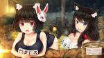  2girls :d animal_ears azur_lane bell bent_over black_hair blue_eyes blurry blush breast_suppress breasts bucket butterfly_hair_ornament cat_ears cat_tail character_name clenched_hand collarbone depth_of_field eyebrows_visible_through_hair fang fox_mask fusou_(azur_lane) hair_ornament hair_over_shoulder highres jingle_bell large_breasts long_hair looking_at_viewer mask mihamimo multiple_girls night onsen open_mouth partially_submerged red_eyes rock school_swimsuit short_hair smile steam swimsuit tail tail_bell towel water wet yamashiro_(azur_lane) 