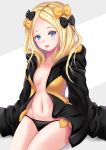  1girl abigail_williams_(fate/grand_order) bangs black_bow black_jacket black_panties blonde_hair blue_eyes blush bow breasts collarbone fate/grand_order fate_(series) forehead hair_bow highres hood hooded_jacket jacket koji45hiro long_hair long_sleeves looking_at_viewer multiple_bows navel open_clothes open_jacket open_mouth orange_bow panties parted_bangs polka_dot polka_dot_bow sitting sleeves_past_fingers sleeves_past_wrists small_breasts solo thighs underwear 