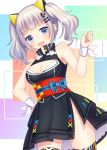  1girl blue_eyes blush breasts cleavage d-pad d-pad_hair_ornament eyebrows_visible_through_hair grey_hair hair_ornament highres kaguya_luna kaguya_luna_(character) large_breasts looking_at_viewer open_mouth short_hair short_twintails sleeveless smile solo thigh-highs twintails yamayu 