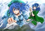  2girls :t anoira_ni blue_dress blue_eyes blue_footwear blue_hair commentary_request dress drill_hair green_hat green_kimono hair_between_eyes hair_bobbles hair_ornament hat head_fins holding japanese_clothes kawashiro_nitori key kimono long_sleeves looking_at_viewer mermaid monster_girl multiple_girls open_mouth shell touhou underwater wakasagihime wide_sleeves 