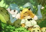 2girls bow bowtie closed_eyes commentary_request eyebrows_visible_through_hair fingerless_gloves fur_collar gloves jaguar_(kemono_friends) jaguar_ears jaguar_print jungle kemono_friends multiple_girls nature one-piece_swimsuit otter_ears otter_tail rousetsu sleeping small-clawed_otter_(kemono_friends) swimsuit tail toeless_legwear