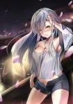  1girl absurdres bare_shoulders breasts casual cherry_blossoms cleavage collarbone cowboy_shot cross cross_necklace girls_frontline glasses hair_ornament hairpin hand_up highres hk416_(girls_frontline) jewelry legs_apart long_hair medium_breasts necklace night night_sky off-shoulder_shirt outdoors purple-framed_eyewear septet_(zrca_janne) shirt short_shorts shorts silver_hair sky solo unbuttoned yellow_eyes 
