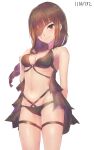  1girl armpits bangs bare_shoulders bikini black_bikini blunt_bangs blush braid breasts brown_eyes brown_hair cleavage closed_mouth cowboy_shot dated eyebrows_visible_through_hair girls_frontline halterneck highres light_particles long_hair looking_at_viewer m16a1_(girls_frontline) medium_breasts mole mole_under_eye navel redhead saku_t simple_background single_braid smile solo standing stomach swimsuit thigh_strap thighs white_background 