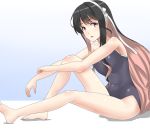  1girl 30-06 bare_shoulders barefoot black_hair black_swimsuit competition_school_swimsuit gradient gradient_background hairband kantai_collection long_hair looking_at_viewer multicolored_hair naganami_(kantai_collection) pink_hair school_swimsuit sitting solo swimsuit two-tone_hair white_background white_hairband 