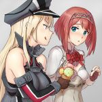  2girls ark_royal_(kantai_collection) artist_request bangs bare_shoulders bismarck_(kantai_collection) blonde_hair blue_eyes blunt_bangs bob_cut braid breasts brown_gloves cleavage_cutout corset crown detached_sleeves dress fingerless_gloves flower french_braid gloves hairband hat kantai_collection large_breasts long_hair long_sleeves looking_at_another military military_hat military_uniform mini_crown multiple_girls off-shoulder_dress off_shoulder peaked_cap red_flower red_ribbon red_rose redhead ribbon rose sailor_hat short_hair shorts tiara uniform white_corset white_shorts 