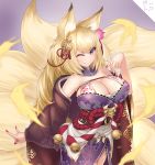  1girl ;) animal_ears bare_shoulders bell bettle_(b_s_a_n) blonde_hair breasts cleavage fox_ears fox_tail hair_ornament highres jingle_bell kayou_(sennen_sensou_aigis) large_breasts looking_at_viewer nail_polish one_eye_closed red_nails sennen_sensou_aigis smile solo standing tail violet_eyes wide_sleeves 