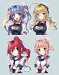  4girls :3 ahoge arm_up bangs bare_shoulders between_breasts black_swimsuit blonde_hair blue_background blue_eyes blue_hair blue_sailor_collar blush blush_stickers breasts character_name cleavage collarbone competition_school_swimsuit crop_top fang flower glasses hair_flower hair_ornament hair_ribbon hario_4 i-168_(kantai_collection) i-19_(kantai_collection) i-58_(kantai_collection) i-8_(kantai_collection) kantai_collection large_breasts long_hair looking_at_viewer medium_breasts motion_lines multiple_girls name_tag nervous_smile orange_hair outline pink_eyes pink_ribbon ponytail red_eyes red_neckwear redhead ribbon sailor_collar semi-rimless_eyewear shirt short_sleeves simple_background single_sidelock small_breasts star star-shaped_pupils swimsuit symbol-shaped_pupils tareme tawawa_challenge trembling tsurime two_side_up under-rim_eyewear upper_body v v-shaped_eyebrows wavy_mouth white_outline white_shirt x_hair_ornament you&#039;re_doing_it_wrong 