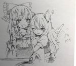  2girls :d ;) animal_ears apron arm_hug blush cat_ears cat_tail chopsticks cooking detached_sleeves frying_pan hair_tubes hakurei_reimu heart height_difference hug kemonomimi_mode kirisame_marisa long_hair monochrome multiple_girls one_eye_closed open_mouth puffy_short_sleeves puffy_sleeves scan short_sleeves smile straight_hair tail tail_wagging touhou traditional_media vest waist_apron wavy_hair yuri yururi_nano 