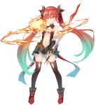  1girl aqua_eyes argyle_cutout black_legwear charme_(sennen_sensou_aigis) detached_collar dragon_horns fingerless_gloves fire full_body gloves gluteal_fold gradient_hair highres holding holding_sword holding_weapon horns long_hair looking_at_viewer multicolored_hair nanahara_fuyuki navel official_art pointy_ears redhead sennen_sensou_aigis simple_background smile solo standing sword thigh-highs twintails very_long_hair weapon white_background yellow_eyes 