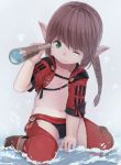  1boy black_panties boots brown_hair ell final_fantasy final_fantasy_xiv flat_chest green_eyes holding lalafell long_hair navel one_eye_closed panties pointy_ears ponytail red_legwear sash smile solo telescope thigh-highs underwear water 
