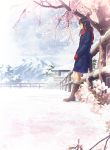  1girl black_hair boots cherry_blossoms coat gloves long_hair mocha_(cotton) mountain original outdoors scarf scenery skirt snow winter 