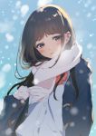  1girl :t bangs blue_coat blush brown_eyes brown_hair closed_mouth coat dress_shirt duffel_coat enpera eyebrows_visible_through_hair head_tilt highres long_hair looking_at_viewer morikura_en open_clothes open_coat original pout scarf shirt sketch snowflakes snowing white_scarf white_shirt 