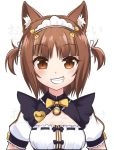  1girl animal_ears azuki_(sayori) bow bowtie brown_eyes brown_hair cat_ears character_name cleavage_cutout commentary eyebrows_visible_through_hair fang grin heart kaafi looking_at_viewer maid maid_headdress name_tag nekopara puffy_short_sleeves puffy_sleeves ribbon-trimmed_clothes ribbon_trim short_hair short_sleeves simple_background smile solo teeth two_side_up upper_body watermark white_background yellow_neckwear 