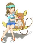  1girl :d ^_^ alolan_raichu blue_shorts blush closed_eyes eating facing_viewer kunikida_hanamaru love_live! love_live!_school_idol_project love_live!_sunshine!! open_mouth orange-pengin orange_footwear pokemon pokemon_(game) pokemon_sm raichu shadow shirt shoes shorts sitting smile sneakers striped striped_shirt visor_cap 