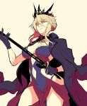  1girl black_gloves blonde_hair breasts cape character_request cleavage crown fate/grand_order fate_(series) gloves highres large_breasts navel navel_cutout pointy_ears sketch solo sword takatsuki_nato thighs weapon yellow_eyes 