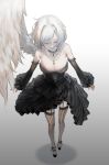  1girl alternate_costume breasts cleavage closed_eyes cross detached_sleeves gradient gradient_background heoningu highres jewelry kishin_sagume necklace short_hair simple_background single_wing solo thigh-highs touhou white_background white_hair wings 