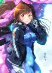  bangs blue_bodysuit bodysuit brown_eyes brown_hair cellphone chinchongcha d.va_(overwatch) facepaint facial_mark gloves headphones headphones_around_neck highres jacket long_hair looking_at_viewer meka_(overwatch) open_clothes open_jacket open_mouth overwatch phone pilot_suit ribbed_bodysuit smartphone swept_bangs whisker_markings 