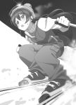  1girl bangs blush commentary_request eyebrows_visible_through_hair gloves greyscale hair_between_eyes hat highres long_hair love_live! love_live!_school_idol_festival love_live!_school_idol_project miton_(turuyasann) monochrome open_mouth skiing skis snow solo sonoda_umi 