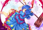  1girl ahoge ambiguous_red_liquid animal_ears bare_legs blue_dress blue_hair chikuwa_savi crescent dress ear_clip frilled_dress frills holding kine long_hair low_twintails mallet parted_lips pink_eyes rabbit_ears revision seiran_(touhou) short_sleeves solo teeth touhou twintails 