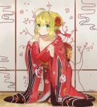  1girl ahoge bangs blonde_hair blush breasts cleavage commentary eyebrows_visible_through_hair fate/grand_order fate_(series) floral_print flower green_eyes hair_flower hair_intakes hair_ornament hair_ribbon indoors japanese_clothes kimono kneeling large_breasts long_sleeves looking_at_viewer mochii nero_claudius_(fate) nero_claudius_(fate)_(all) obi red_flower red_kimono red_ribbon red_rose ribbon rose sash smile solo wide_sleeves 