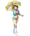  1girl boots bracelet brown_eyes brown_hair cropped_jacket facial_mark full_body hair_ornament hairclip holding holding_umbrella jewelry long_sleeves nail_polish official_art olive_oppert open_mouth platform_footwear short_shorts shorts solo standing super_robot_wars super_robot_wars_x-omega transparent_background twintails umbrella upper_teeth watanabe_wataru white_footwear 