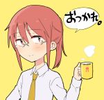  1girl bangs blush brown_eyes brown_hair closed_mouth coffee coffee_mug collared_shirt eyebrows_visible_through_hair glasses grey-framed_eyewear hair_between_eyes holding_mug kobayashi-san_chi_no_maidragon kobayashi_(maidragon) long_sleeves merry_(168cm) necktie ponytail shirt sidelocks simple_background smile smoke solo translated white_shirt yellow_background yellow_neckwear 