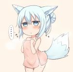  ... 1girl animal_ears bangs beige_background blue_eyes blue_hair blush breasts collarbone commentary_request cowboy_shot eyebrows_visible_through_hair fox_ears fox_girl fox_tail hair_between_eyes hair_bun hibiki_(kantai_collection) kantai_collection kemonomimi_mode long_hair naked_towel nonono_(mino) parted_lips simple_background small_breasts solo spoken_ellipsis sweat tail thigh_gap towel wet 