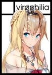  1girl blonde_hair blue_eyes braid circle_cut crown dress french_braid hair_between_eyes jewelry kantai_collection long_hair mini_crown necklace off-shoulder_dress off_shoulder orihi_chihiro red_ribbon ribbon smile solo warspite_(kantai_collection) 
