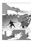  1girl bow cape comic greyscale hair_bow highres katana makuwauri monochrome sekibanki short_hair short_sleeves silhouette sword touhou translation_request weapon 