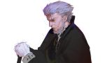  1boy bangs beard black_coat coat facial_hair fate/stay_night fate_(series) from_side gloves kishua_zelretch_schweinorg long_sleeves old_man parted_lips red_eyes silver_hair simple_background sketch smile solo treeware walking_stick white_background white_gloves 