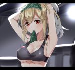  1girl armpits arms_up black_bra blush bra breasts brown_eyes brown_hair closed_mouth collarbone eyebrows_visible_through_hair girls_frontline green_ribbon hairband head_tilt high_ponytail kkis-i large_breasts letterboxed long_hair looking_at_viewer mouth_hold ribbon solo sports_bra sv-98_(girls_frontline) underwear upper_body 
